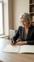 Mature blonde businesswoman signing contract documents at wooden desk in modern office with bookshelf background for corporate and legal concepts.
