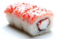 Fresh sushi roll with white rice, crab meat and pink sauce topped with red tobiko caviar on white background, macro food photography for restaurant menu.
