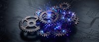 Mechanical gears with electric blue sparks and lightning effects on dark metallic surface for technology and engineering concepts.
