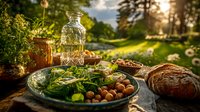 Outdoor picnic spread with fresh salad, bread, and glass jar on wooden table in sunny park setting for healthy lifestyle and dining concepts.