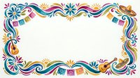 Colorful Mexican fiesta border with guitars, sombreros, papel picado, and floral ornaments on white background, isolated for festive design use.