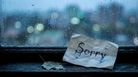 Crumpled paper note with word Sorry on rainy window sill with dry leaf, bokeh city lights, apology and regret concept.