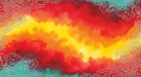 Vibrant watercolor gradient flowing from red and yellow to turquoise with ornamental swirl patterns on edges, suitable for backgrounds and design projects.