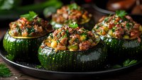 Round green zucchini stuffed with seasoned meat, vegetables and herbs served on dark plate, close up view of homemade Mediterranean cuisine.