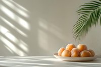 Fresh ripe tangerines on white ceramic plate with palm leaf and window light shadow on neutral background, minimalist food photography styling.