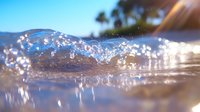 Crystal clear ocean wave breaking at sunset with sparkling water droplets and golden sunlight creating magical bokeh effect on tropical beach background.