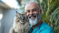 Mature male veterinarian with gray beard and turquoise scrubs holding fluffy ragdoll cat, both smiling at camera. Natural outdoor setting with soft bokeh background.