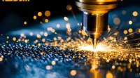 Bright sparks and molten metal fragments scatter during industrial laser cutting process on metal surface with dramatic bokeh lighting effects in background.
