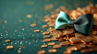 Elegant green bow tie on scattered golden coins against dark background with bokeh lights, creating luxurious financial composition for business concepts.