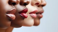 Close up view of diverse women lips wearing different shades of lipstick from nude to deep red tones against light background, beauty and cosmetics concept.