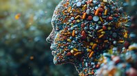 Profile silhouette formed from colorful pills, capsules and medication on dark background, representing mental health, addiction, or pharmaceutical industry.