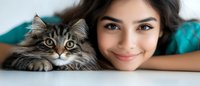 Young woman with brown hair lying next to adorable tabby kitten on bed. Pet ownership, companionship and bonding concept for lifestyle content.