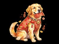 Golden retriever dog wearing a red festive outfit with gold coins and firecrackers, isolated on transparent background, ready for stickers, t-shirt design, and print on demand.