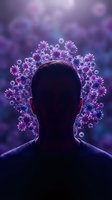 Male silhouette with glowing purple virus particles around head representing infection, disease spread, pandemic concept on blurred background.