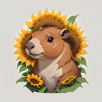 Adorable brown hamster character surrounded by bright sunflowers and green leaves, digital art style illustration on light background for children's design.