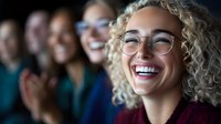 Young Caucasian woman with curly blonde hair and glasses laughing joyfully with friends in background. Natural candid moment capturing genuine happiness and connection.