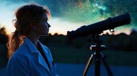 Young woman observing night sky through telescope against starry background with Milky Way galaxy, silhouette profile in blue coat during astronomical viewing.