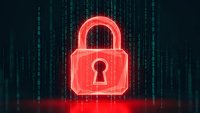 Red glowing padlock icon with keyhole on dark digital matrix background with streaming code, representing cybersecurity and data protection concepts.