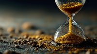 Golden sand flowing through hourglass on textured surface symbolizing time passage, deadline pressure, and life moments in warm atmospheric lighting.