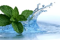 Fresh mint leaves with dynamic water splash and droplets on light blue background, creating refreshing and energetic composition for beverage and wellness designs.