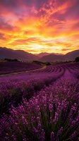 Stunning lavender field at sunset with dramatic orange and pink sky over mountain landscape. Rows of purple flowers create natural lines leading to horizon.