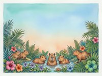 Adorable capybaras relaxing in tropical paradise with palm leaves and hibiscus flowers creating peaceful jungle scene for children's content and nature designs.