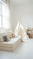 Cozy children playroom with white teepee tent, soft toys and floor cushions in bright minimalist interior for kids bedroom design and home decor.