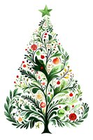 Watercolor Christmas tree made of floral elements, green leaves, red berries and ornaments with star on top, isolated on white background.