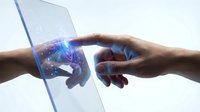 Human hands reaching toward each other through transparent digital interface with glowing blue energy connection representing technology and human interaction.