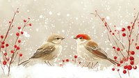 Two sparrows perched among red winter berries and falling snow, creating romantic seasonal atmosphere. Soft beige background with delicate nature elements.