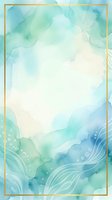 Watercolor abstract background with soft turquoise, mint green and blue flowing washes, gold frame border and organic wave patterns. Suitable for invitations, greeting cards and design projects.