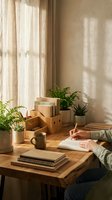 Cozy home office workspace with wooden desk, plants, notebooks and warm natural sunlight streaming through linen curtains creating peaceful work environment.