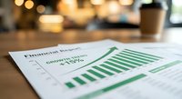 Financial report with green bar charts and graphs on desk in modern office setting with coffee cup and warm bokeh lighting background.