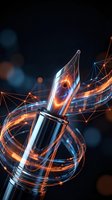 Fountain pen nib with glowing digital network connections and light trails representing creativity, writing technology, and digital communication concepts.