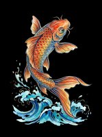 Vibrant watercolor koi fish leaping over waves, isolated on transparent background. Great for t-shirts, stickers, sublimation, print on demand, and clipart designs.