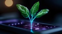 Digital plant growing from smartphone screen with glowing blue stem and green leaves against dark background with bokeh light effects, symbolizing technology and nature fusion.
