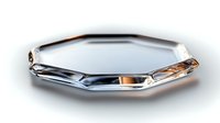 Octagonal metallic chrome and copper platter with reflective surface and geometric edges on light background, isolated design element for luxury presentations.