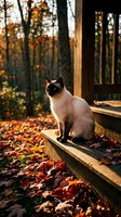 Siamese cat with dark points sitting on wooden deck railing surrounded by autumn fall leaves and forest trees during golden hour sunset, outdoor pet portrait.