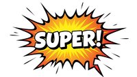 Comic book explosion burst with SUPER text in bold letters. Colorful pop art style speech bubble with yellow orange gradient and dynamic rays.
