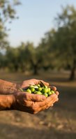 Farmer holding fresh green olives in hands at harvest time in orchard with blurred trees in background, agriculture and farming concept.