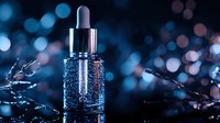 Luxury serum bottle with water drops and blue bokeh lights on dark background, cosmetic product photography for skincare and beauty advertising.