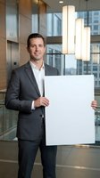 Professional businessman in gray suit holding blank white poster in modern office lobby with pendant lighting for corporate presentations and marketing.
