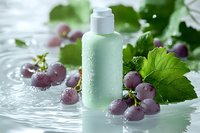 Mint green cosmetic bottle with water drops surrounded by fresh purple grapes and green leaves on wet surface, natural skincare concept for beauty products.