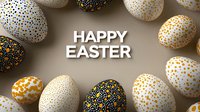 Festive Easter eggs decorated with gold and navy polka dot patterns arranged in circle with Happy Easter text on neutral background. Modern holiday design.