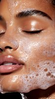 Close-up of African American woman's face with foam cleanser, closed eyes, and glossy lips showing skincare routine and beauty treatment process.