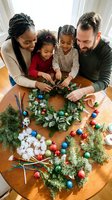 Mixed race family of four creating Christmas wreath together at wooden table with colorful ornaments and craft supplies in bright living room.