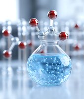 Molecular model with red atoms emerging from laboratory flask containing blue bubbling liquid in scientific research environment.