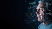 Senior Caucasian man analyzing digital data visualization with glowing network connections and financial charts in futuristic technology interface.