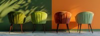 Modern upholstered chairs in vibrant yellow, orange and mint colors against contrasting green and orange walls with dramatic shadow play creating contemporary interior scene.