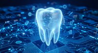 Digital tooth hologram with medical icons floating above futuristic circuit board background for dental technology and healthcare innovation concepts.